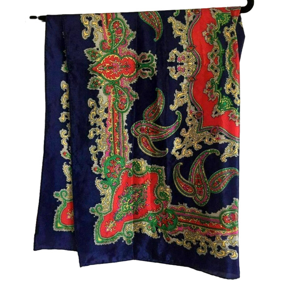 Colorful Paisley Kaleidoscope Designer Square Scarf Blue Red Silky Poly 29.5" - Picture 1 of 8